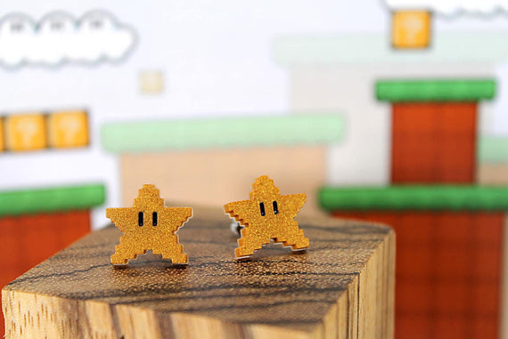Mario 8bit Power Star Earrings, Super Mario Sunshine, Mario Jewelry, Nintendo Gift