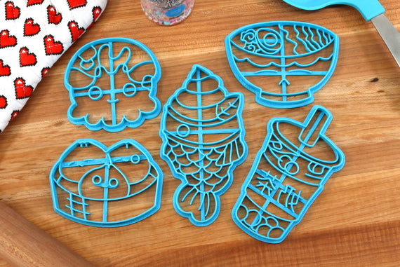 Asian Foods Set 1 Cookie Cutters - Bubble Tea, Taiyaki, Dumpling Trio, Takoyaki Octo, Ramen Bowl - Anime Gift / Anime Baking