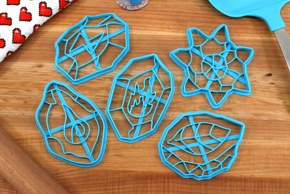 Elemental Evolution Stone Cookie Cutters - Sun Stone, Leaf Stone, Thunder Stone, Fire Stone, Water Stone - Video Game Gift