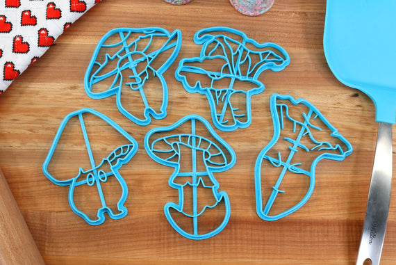 Cute Mushroom Cookie Cutters - Amanita, Chantrelle Pair, Sorrel Standing, Sleepy Oyster Mushroom, Deadly Nightblade - Forager Gift