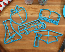 School Cookie Cutters - Chemistry Beaker, Apple, Graduation Cap, book, School Bus - Graduation Cookie Cutters