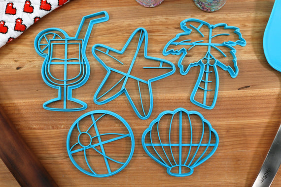Beach Day Cookie Cutters - Beach Ball, Margarita, Palm Tree, Sea Shell, Star Fish - Beach Themed Cookie