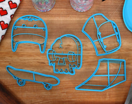 Skateboard Cookie Cutters - Skateboard Outline, Skateboarding Helmet, Kneepads, Ramps, Skull Deck - SkatingCookie Cutter
