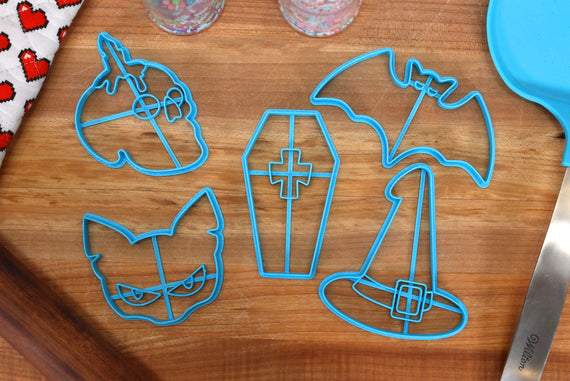 Spooky Cookie Cutters - Angry Bat, Coffin, Floppy Witch Hat, Human Skull, Spooky Cat - Kawaii Halloween