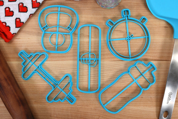 Fitness Cookie Cutters - Dumbbell, Kettle Bell, Punching Bag, Sports Bottle, Stopwatch- Workout Cookie Cutter