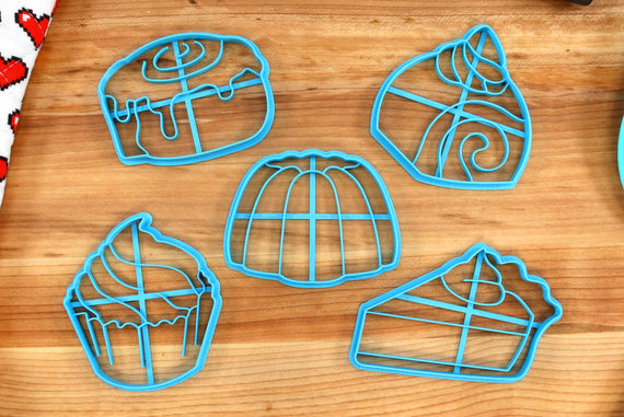 Delicious Desert Cookie Cutters - Cake Roll, Cinamon Roll, Cupcake, gelatin Dessert, Pie Slice - Desert Shaped Cookies