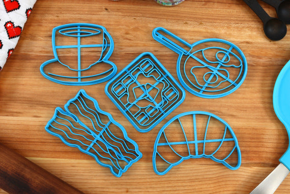 Breakfast Food Cookie Cutters - Fried Egg, Coffee, Croissant, Buttered Waffle, Bacon Strip- Breakfast Gift