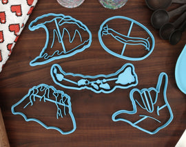 Hawaii Cookie Cutters - Hawaii State Outline, Coffee Bean, Kilauea Volcano, Shaka Sign, Surfing Wave- HI Gift Idea