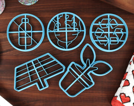 Earth Day Cookie Cutters - Happy Earth, No Plastic Symbol, Potted Sprout, Recyclable Symbol, Solar Panels - Saving the Planet Gifts