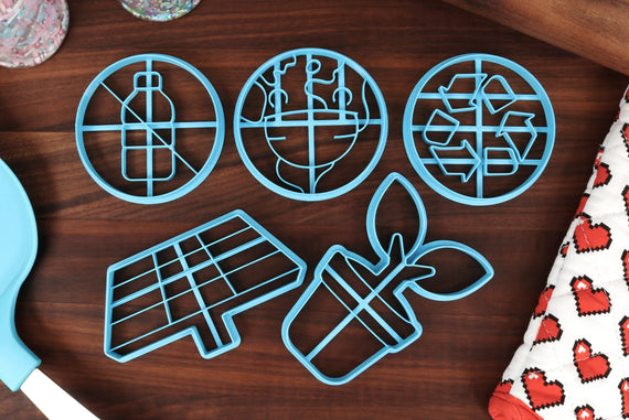 Earth Day Cookie Cutters - Happy Earth, No Plastic Symbol, Potted Sprout, Recyclable Symbol, Solar Panels - Saving the Planet Gifts