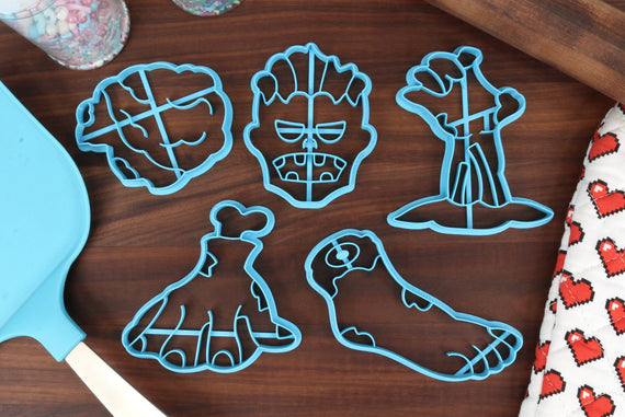 Stumbling Undead Cookie Cutters - Eaten Brain, Grave Hand, Zombie Face, Zombie Foot, Zombie Hand - Zombies and Walkers Monster Gift