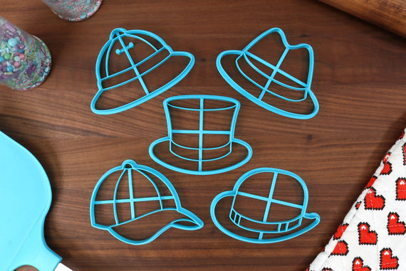 Assorted Hats Cookie Cutters - Binoculars, Chalk Body Outline, Deerstalker Hat, Detective Pipe, Vintage Camera - Hat Cookies
