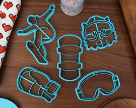 Skillful Snowboarding Cookie Cutters - Snowboard, Snowboarder Cat, Snowboarder Outline, Snowboarding Goggles, Snowboarding Mitten - Sports