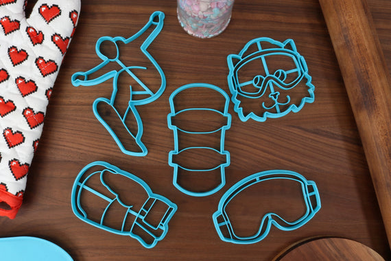 Skillful Snowboarding Cookie Cutters - Snowboard, Snowboarder Cat, Snowboarder Outline, Snowboarding Goggles, Snowboarding Mitten - Sports