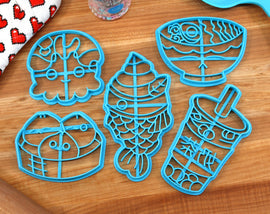 Asian Foods Set 1 Cookie Cutters - Bubble Tea, Taiyaki, Dumpling Trio, Takoyaki Octo, Ramen Bowl - Anime Gift / Anime Baking