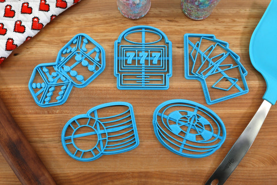 Gambling Cookie Cutters - Roulette Table, Poker Chips, Playing Cards, Jackpot, Dice Set- Las Vegas Cookie