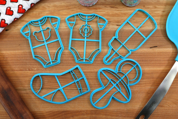 Baby Shower Cookie Cutters - Infant Bottle, Pacifier, Infant Sock, Flower Onsie, Bear Onesie - Baby Themed Cookie