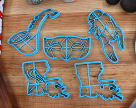 Louisianna Cookie Cutters - Louisianna Outline, Mardi Gras Mask, Crawfish, Saxophone - Louisianna State Fan