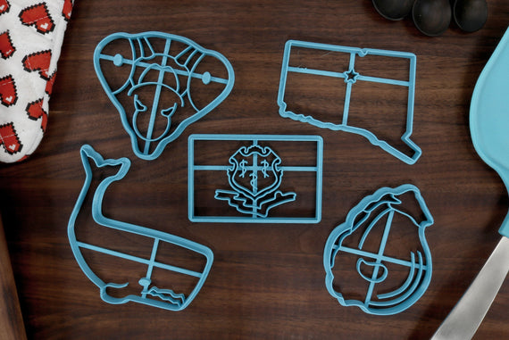 Connecticut Cookie Cutters - Connecticut Flag, Connecticut Outline, Eastern Oyster, Sperm Whale, Praying Mantis- CT Gift Idea