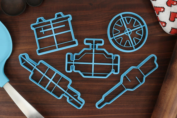 Mechanic Car Parts Cookie Cutters - Car Battery, Engine Block, Muffler Pipe, Spare Tire, Spark Plug - Automotive Cookie Cutters