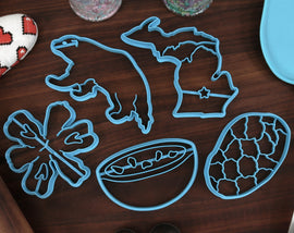 Michigan Cookie Cutters - Cereal Bowl, Dwarf Lake Iris, Michigan State Outline, Petoskey Stone, Wolverine Animal - MI Gift Idea