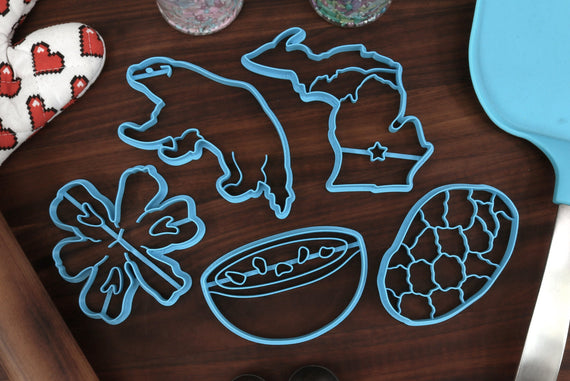 Michigan Cookie Cutters - Cereal Bowl, Dwarf Lake Iris, Michigan State Outline, Petoskey Stone, Wolverine Animal - MI Gift Idea
