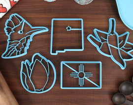 New Mexico Cookie Cutters - New Mexico State Outline, New Mexico State Flag, Chili Peppers, Greater Roadrunner, Yucca Flower- NM Gift Idea