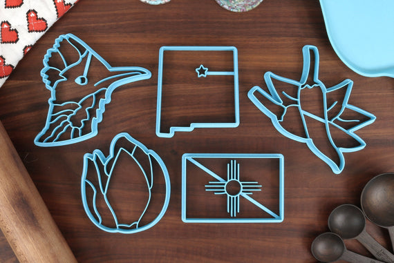 New Mexico Cookie Cutters - New Mexico State Outline, New Mexico State Flag, Chili Peppers, Greater Roadrunner, Yucca Flower- NM Gift Idea