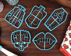 Spooky Vampires Cookie Cutters - Blood Bag, Vampires' Coffin, Bat, Cloak, Dracula's Bite - Movie Monster Gift