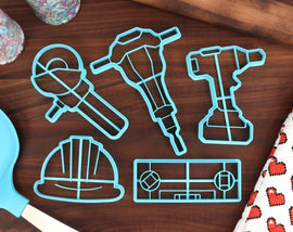 Construction Tools Cookie Cutters, Set 1 - Circular Saw, Electric Drill, Hardhat, Jackhammer, Leveler - Constructing Necessities for Baking