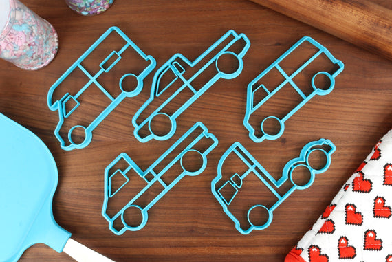 Car Styles Cookie Cutters, Set Two - Big Truck, Campervan, Cargo Van, Mini Truck, Pickup Truck - Automotive Cookie - Mechanic Cookies, Set 2
