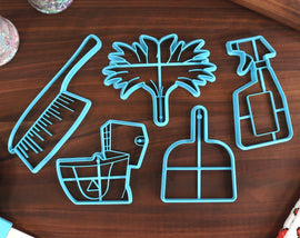 Cleaning Supplies Cookie Cutters - Dust Pan, Feather Duster, Hand Broom, Mop Bucket, Spray Bottle - Housekeeping Cookies - Clean Essentials