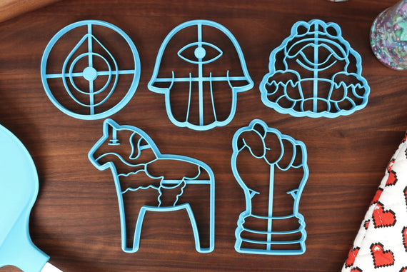 Good Luck Charms, Set 2 - Lucky Cookie Cutters - Dala Horse, Evil Eye Charm, Figa Charm, Hamsa, Jin Chan - Superstition Cookie Cutter