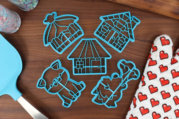 Three Little Pigs Storytime Cookie Cutters - Big Bad Wolf, Brick House, Little Pig, Stick House, Straw House - Bedtime Stories & Classics