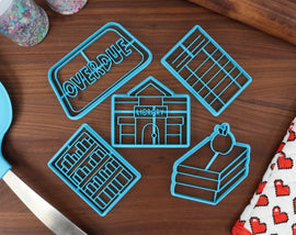 Leisurely Library Cookie Cutters - Apple on Books, Bookshelf, Stick of Butter, Checkout Card, Library Building, Overdue Stamp - Leisure Joy