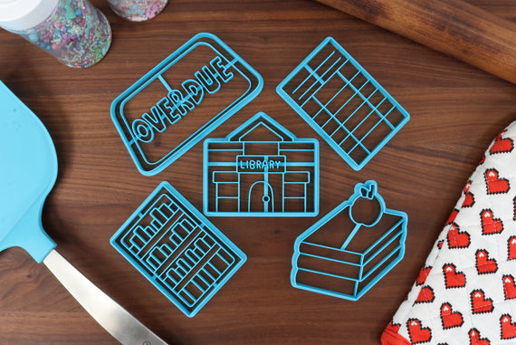 Leisurely Library Cookie Cutters - Apple on Books, Bookshelf, Stick of Butter, Checkout Card, Library Building, Overdue Stamp - Leisure Joy
