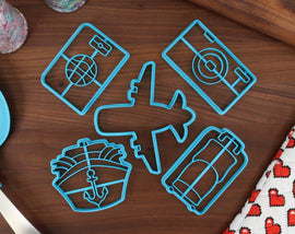 Traveler's Tourism Cookie Cutters - Cruise Ship, Passport, Shrine Maiden, Plane Outline, Travel Camera, Travel Suitcase - World Exploration
